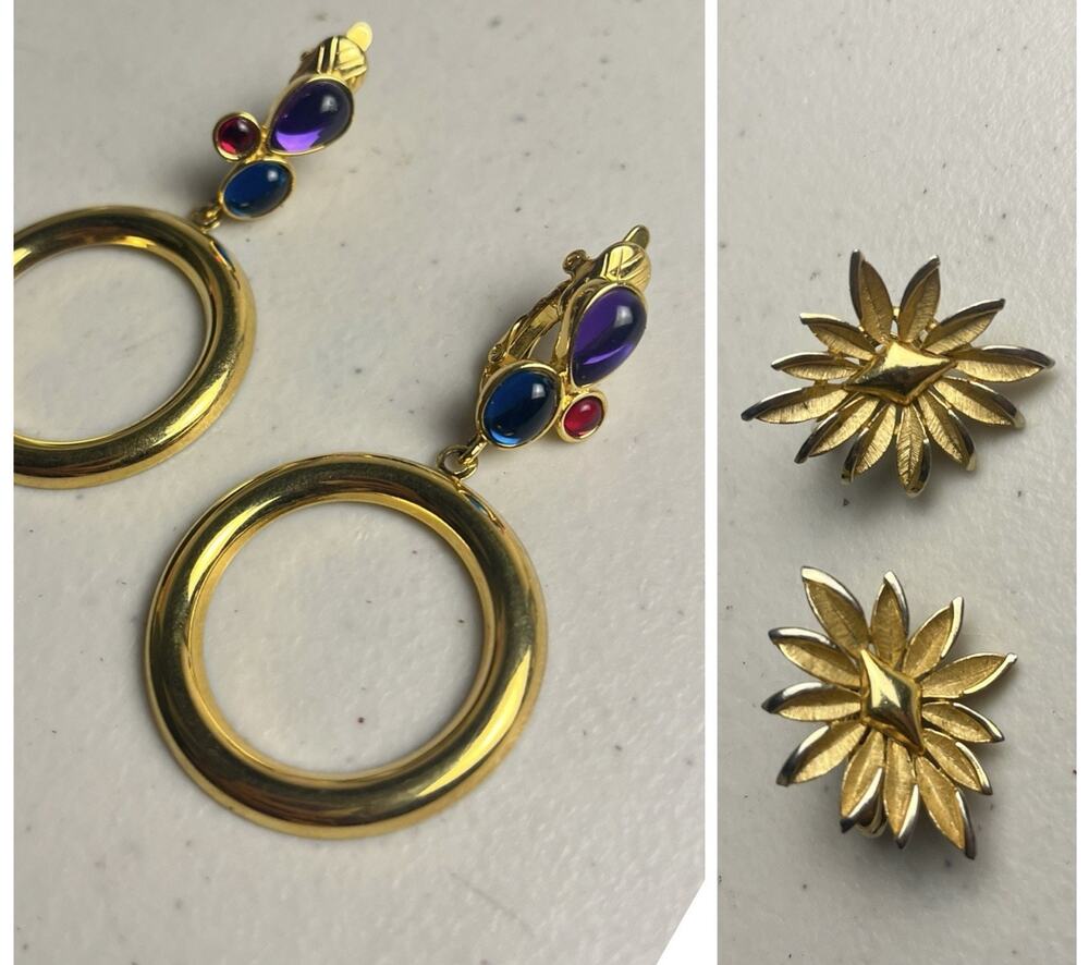 Trifari Clip On Earrings Lot Jelly Cabochon Door Knockers Starburst Gold Tone